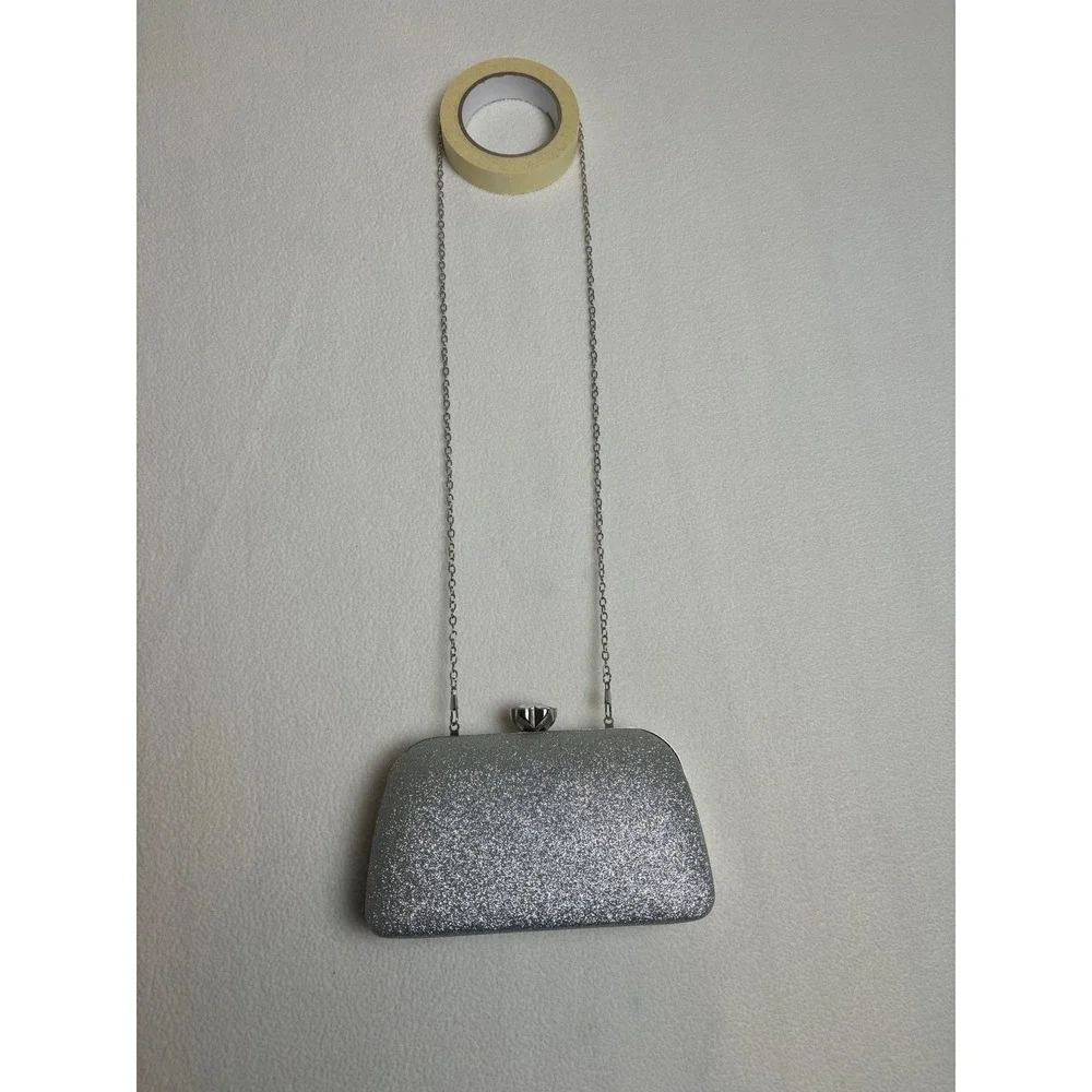 Silver Glitter Evening Clutch Bag Flower Crystal Clasp Chain Strap Formal Purse‎